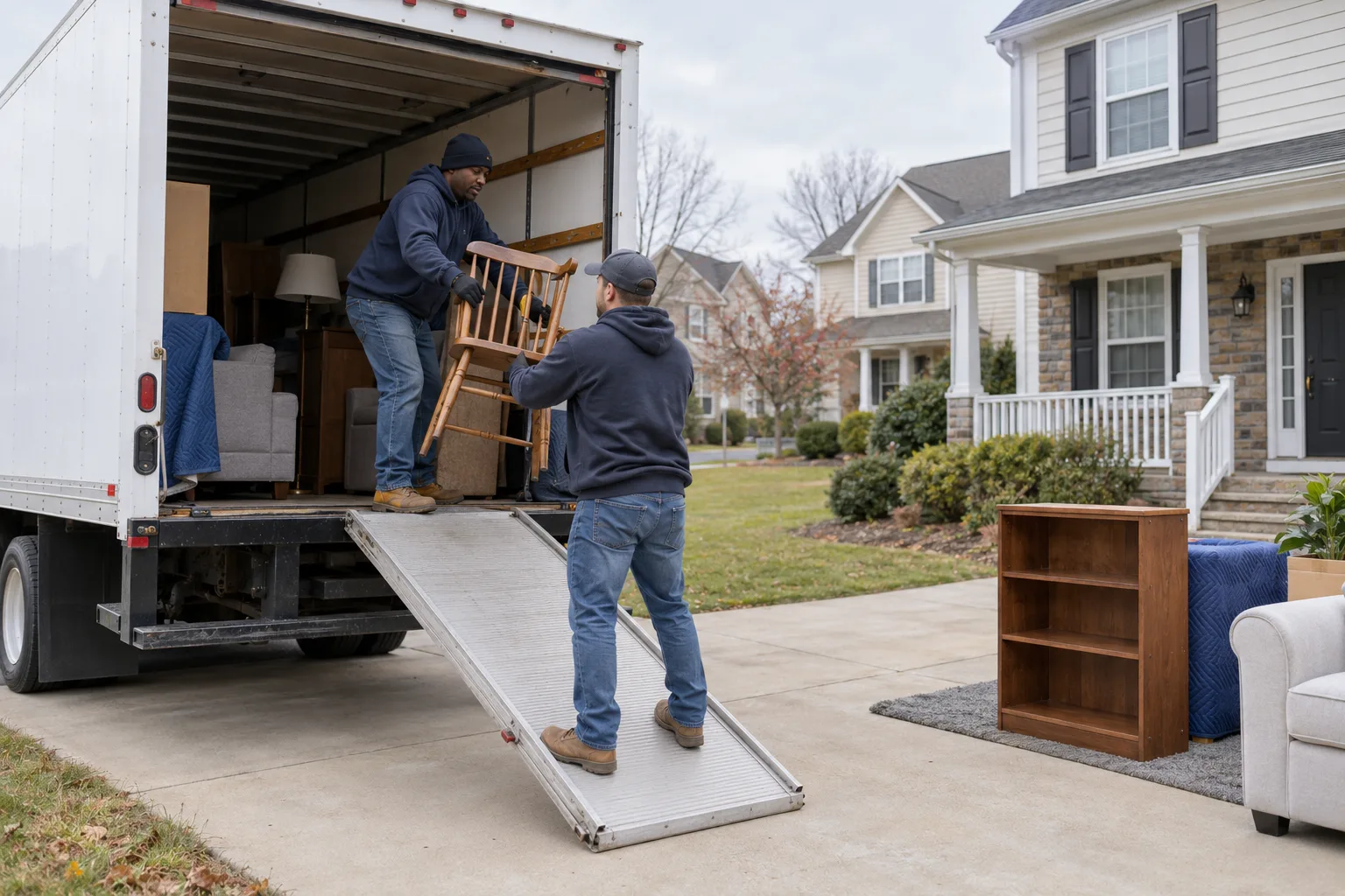 Workers loading household furniture into an unbranded truck