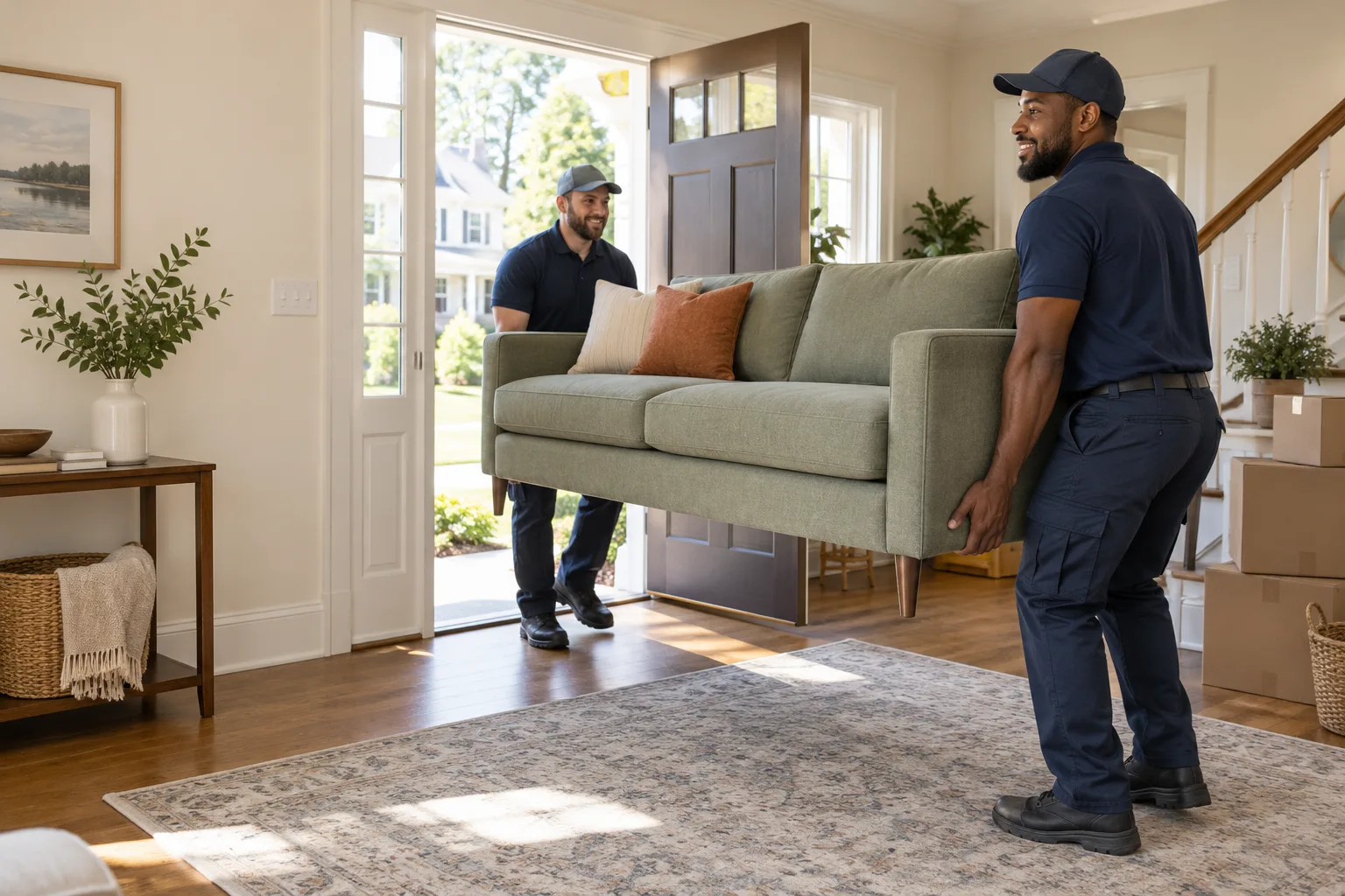 Furniture removal workers carefully carrying a sofa through a bright home